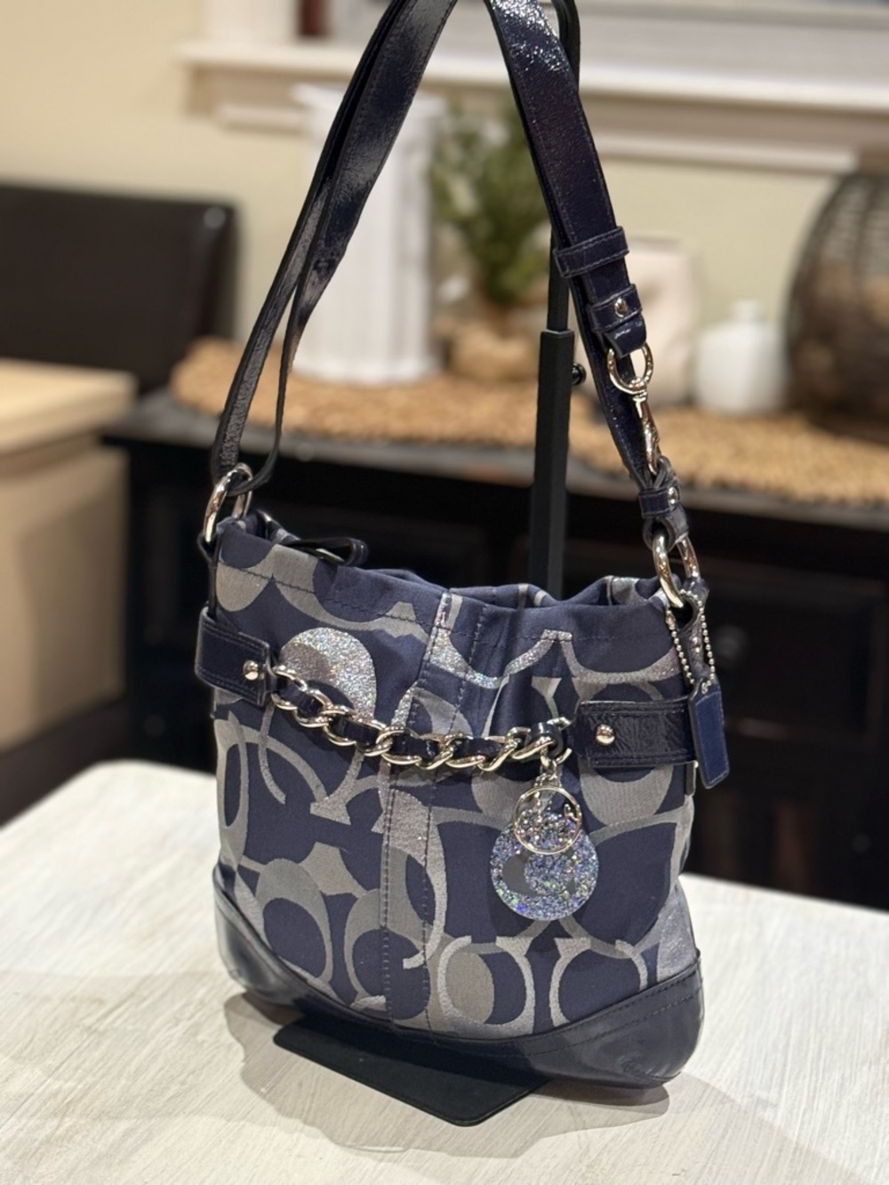 Coach Navy and Silver Signature Chain Shoulder Bag - Picture 4 of 12